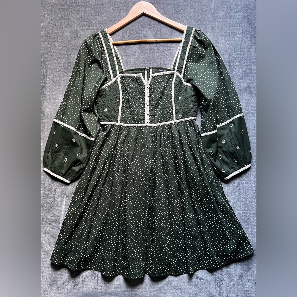 NEW Madewell Simi Patchwork Mini Dress Sz 2 Green White Boho Garden Puff Sleeve - Picture 2 of 16